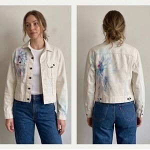 Vintage Lee Riders Hand Painted Denim Jacket White Artsy Boho Watercolor OOAK